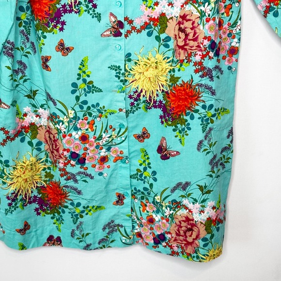 Soft Surroundings Turquoise Floral Butterfly Linen Blend Shirt Dress Size L - Picture 7 of 10